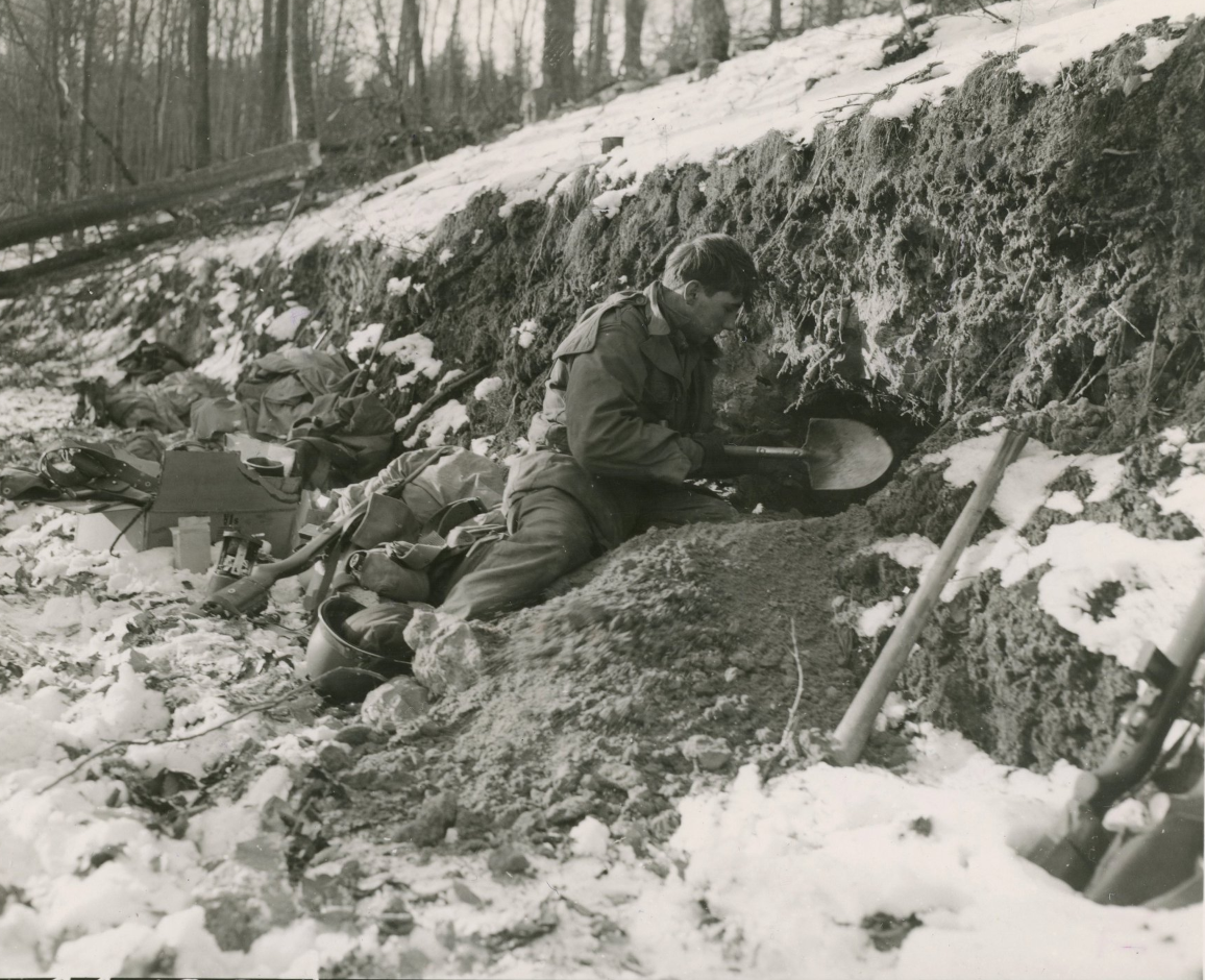 14 January 1945. Infantryman of 7th U.S. Army digs in on side of hill in Zinswiller area, France. D Company, 157th Infantry. Photo by Kohl, 163rd Signal Photo Company. SC 329268, Credit NARA. Courtesy Dave Kerr